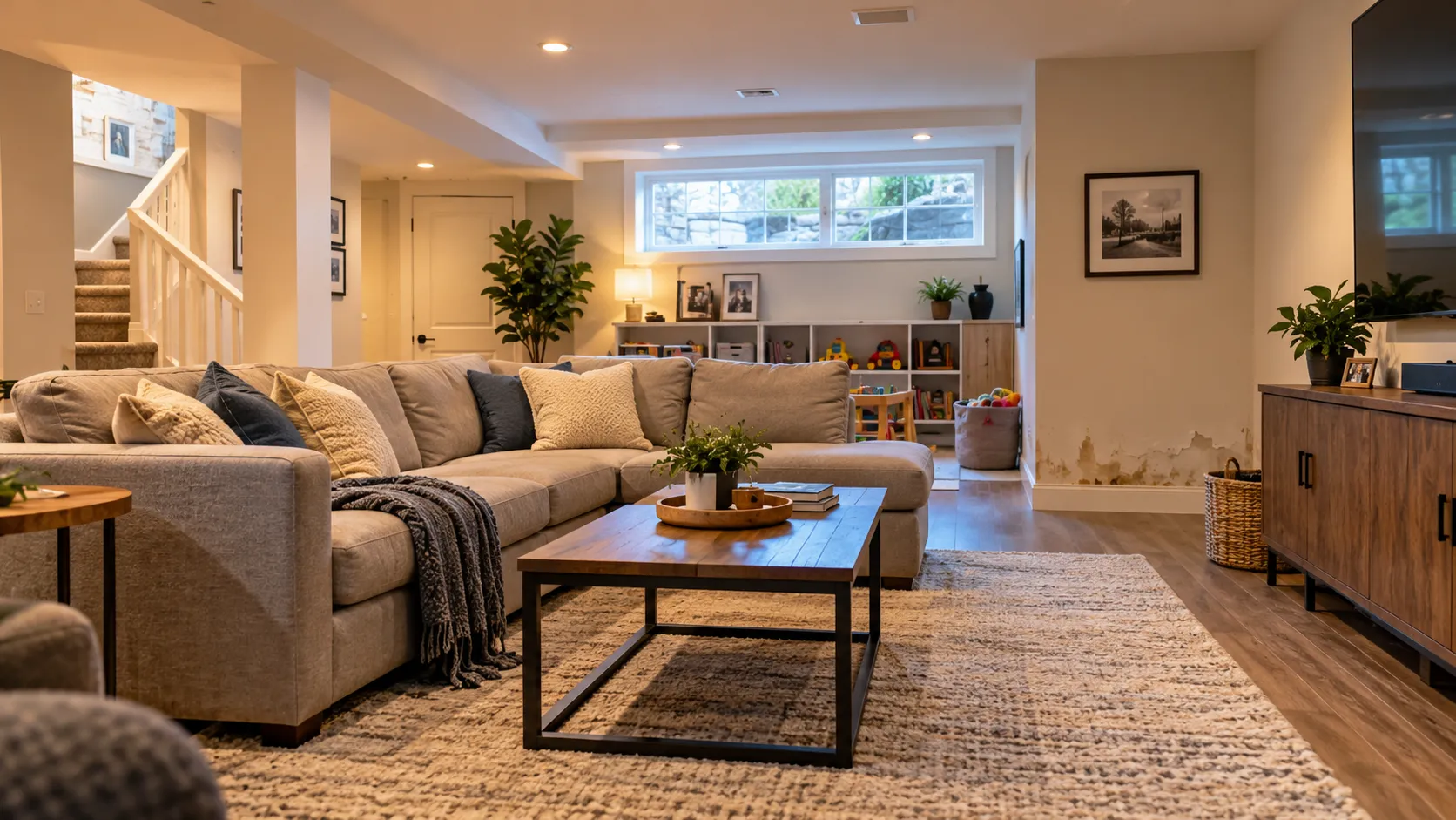 Warm Canadian finished basement with subtle moisture warning sign