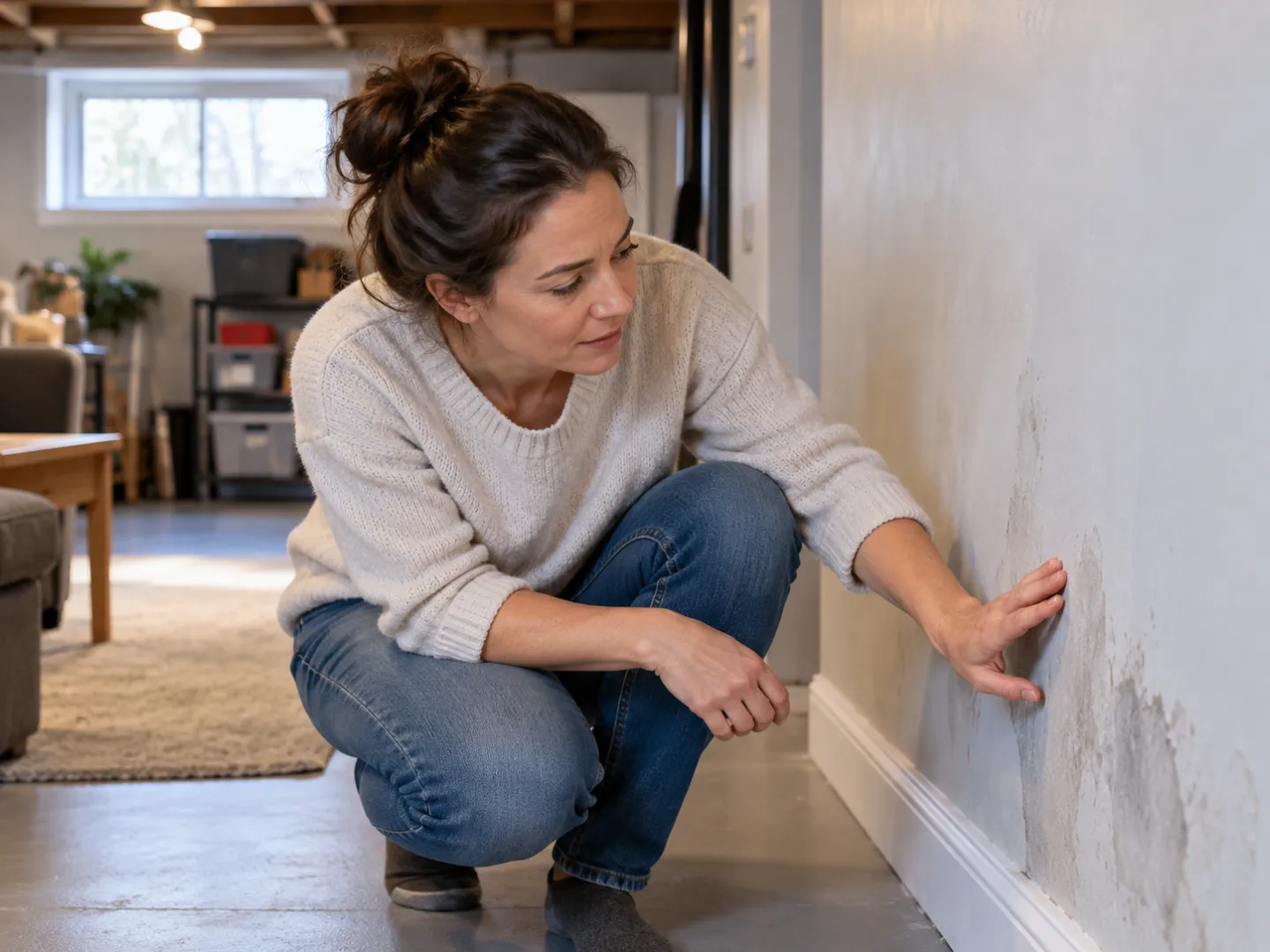 Homeowner inspecting a basement concern