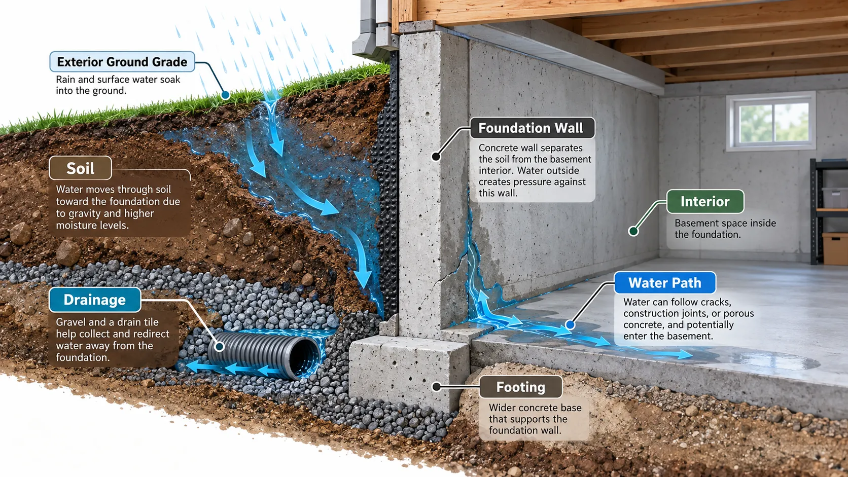 Basement foundation and water-intrusion cross-section diagram